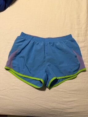 Nike Light Blue Athletic Shorts with Lime Trim and Lavender Panels